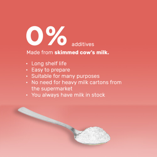 Best Way Ingredients - Skimmed Milk Powder Instant shown as spoonful of milk powder with benefits listed: 0% additives, long shelf life, easy to prepare, versatile, and convenient storage